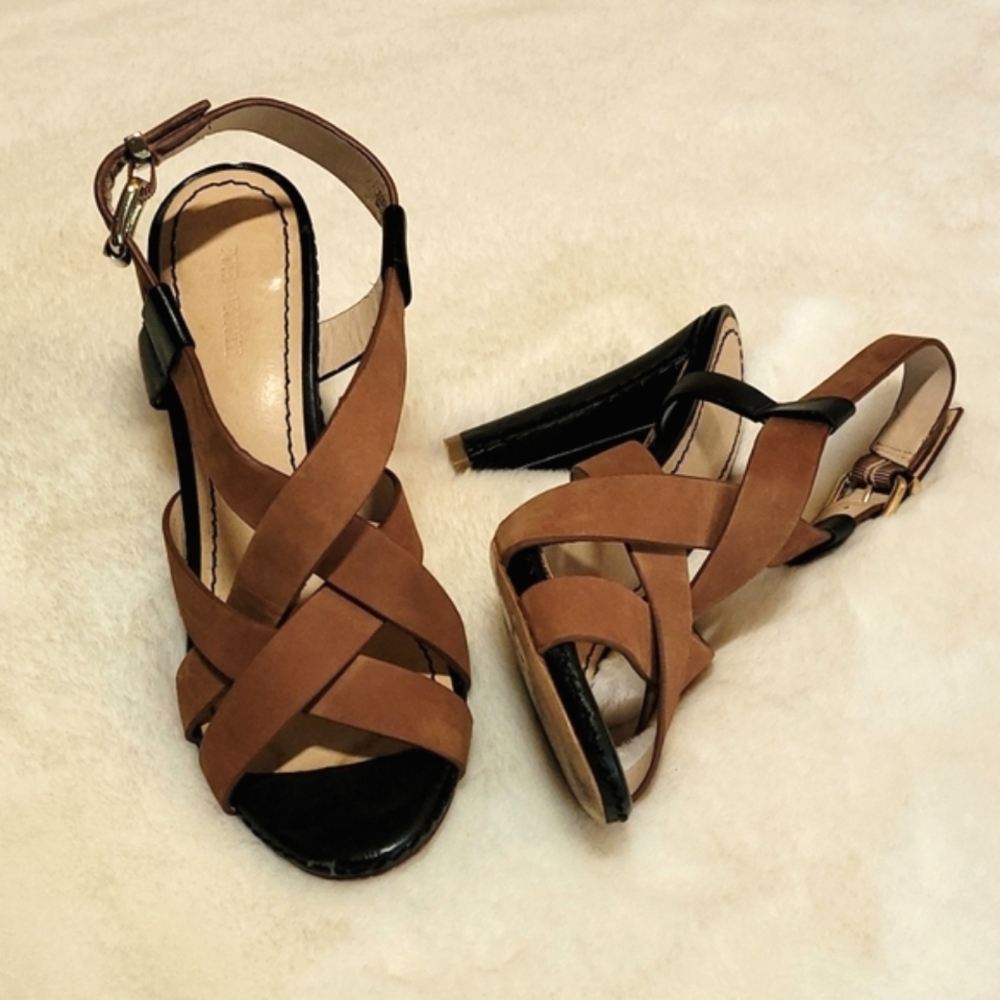 Pour La Victoire Black & Brown Leather Criss Cross Leather Heels Size 8
